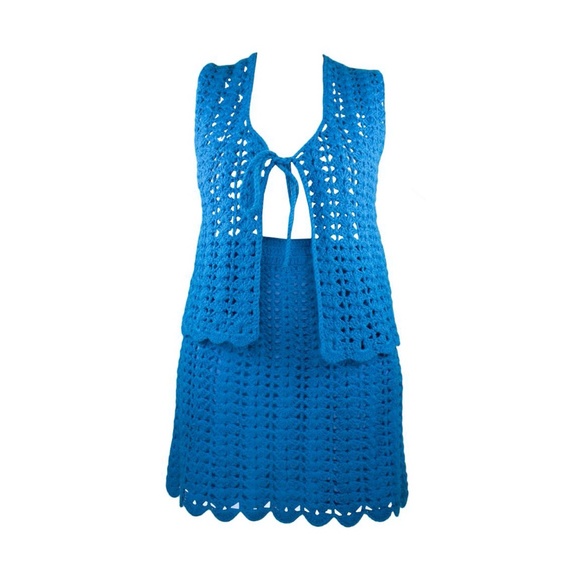 Vintage 1960’S 2PC Blue Crochet Vest And Skirt - Picture 1 of 3